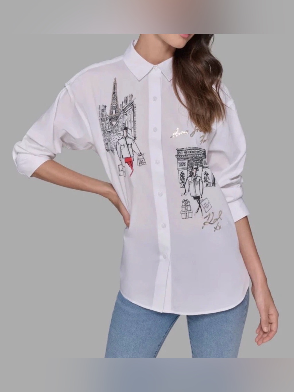 Karl Lagerfeld Paris Embellished Oversized Poplin Button Down Shirt White Sz M